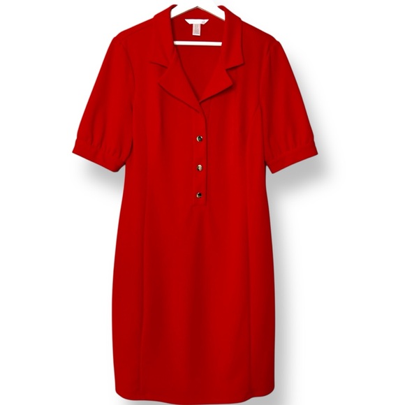 London Times Dresses & Skirts - LONDON TIMES Red Collared Dress‎ Gold Button Pullover Size 14